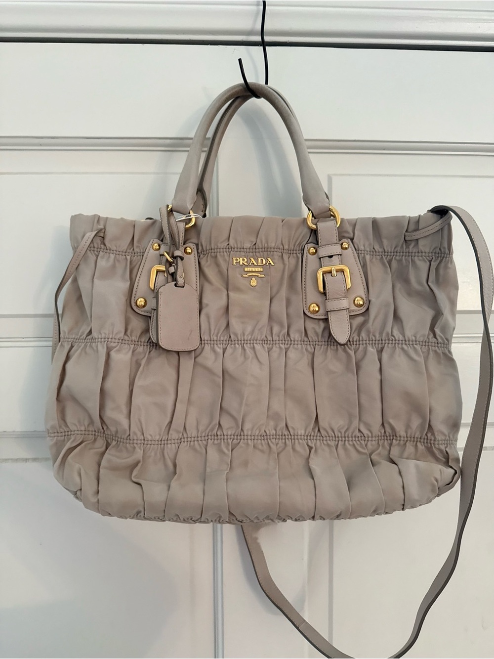 Prada Taupe Ruched Tote with Gold Hardware